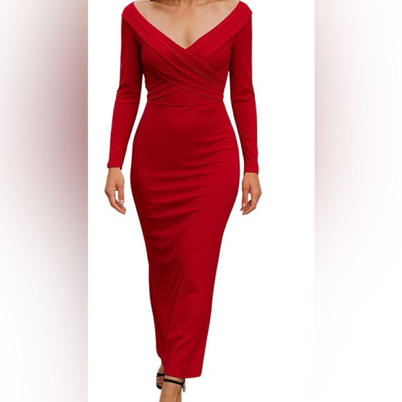 Fashion Nova Bold Red V Neck Long Sleeve Dress Woman's Size Large - Picture 1 of 12